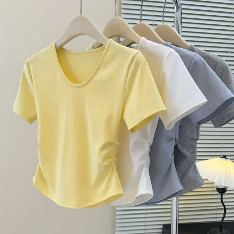 褶皱褶皱风打褶ins不规则圆领短袖短款方领2025T恤