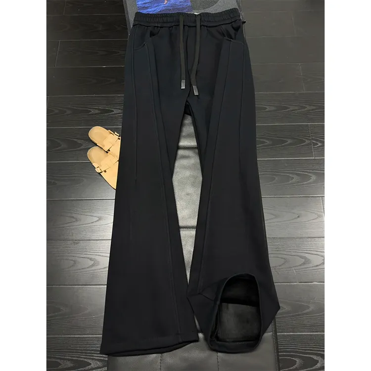 黑色重磅垂感拼接卫裤男款秋冬复古加绒加厚裤子显瘦窄版弯刀长裤