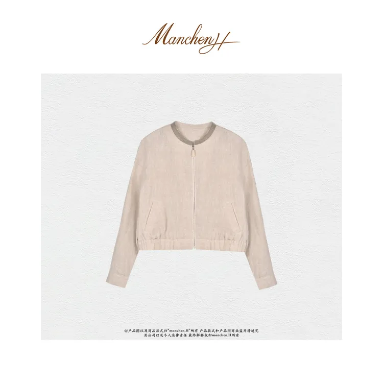 曼辰manchenh“星辰往事”进口亚麻手工珠链圆领拉链外套时尚休闲