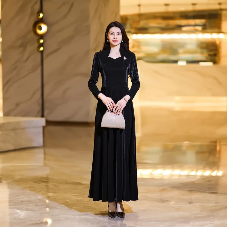 2025秋新高级黑色款连衣裙长袖气质修身高端大摆裙脚踝2327