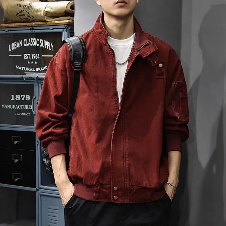 秋季休闲红色工装男士夹克美式上衣2025新款衣服春秋刺绣男款外套