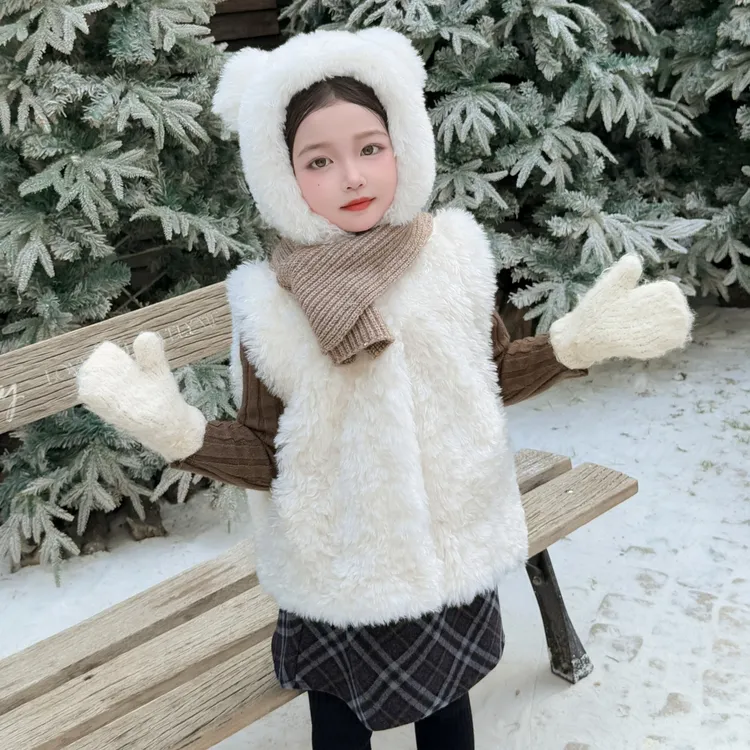 儿童环保毛绒马甲女童小熊耳朵连帽毛毛马夹女宝宝加厚冬季外套