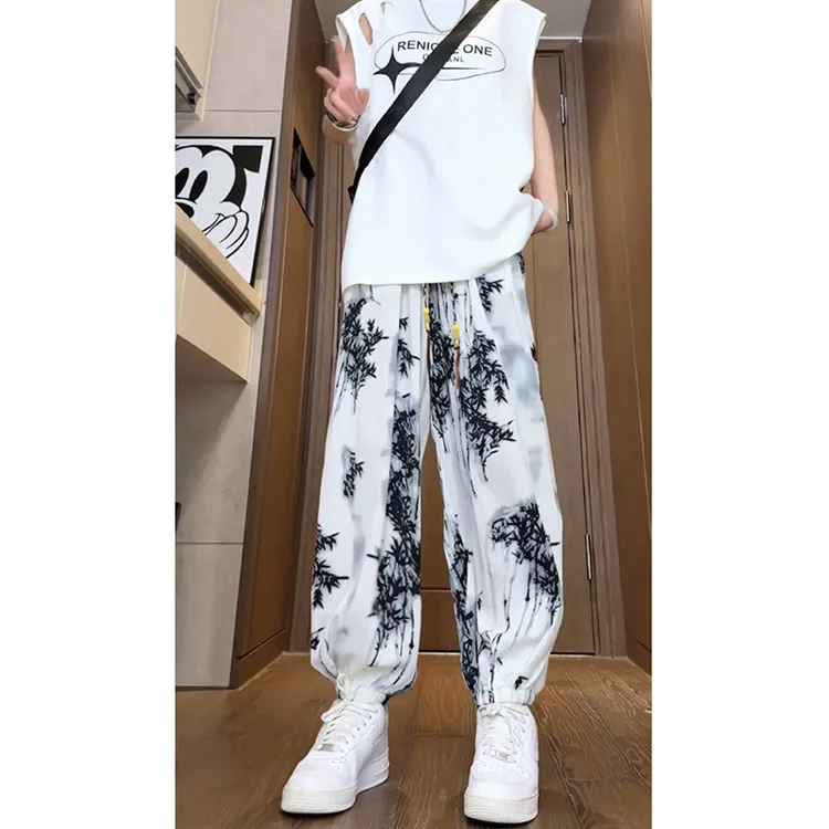 夏季轻薄冰丝裤子男中国风墨竹印花凉感休闲裤宽松灯笼哈伦萝卜裤