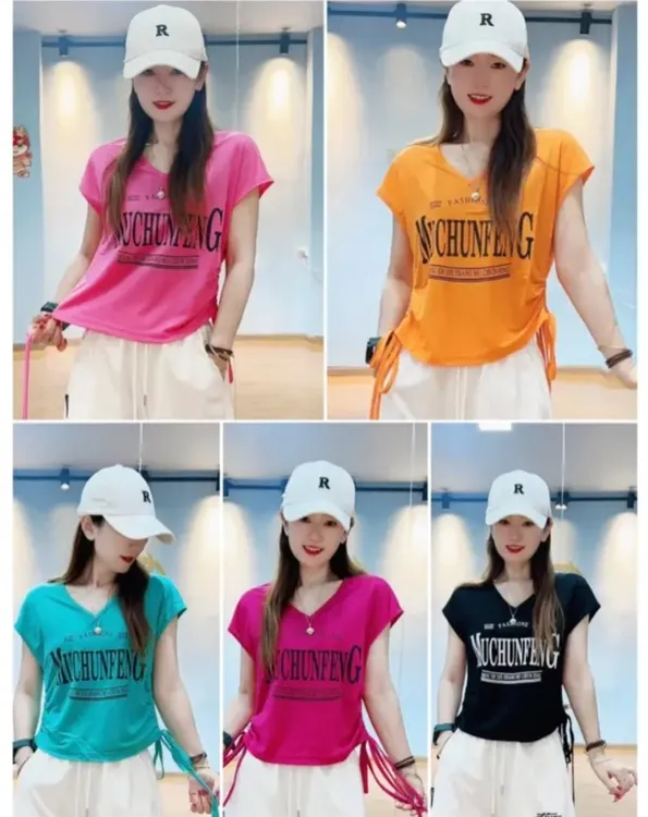 夏季新品3893冰棉抽绳V领宽松T恤