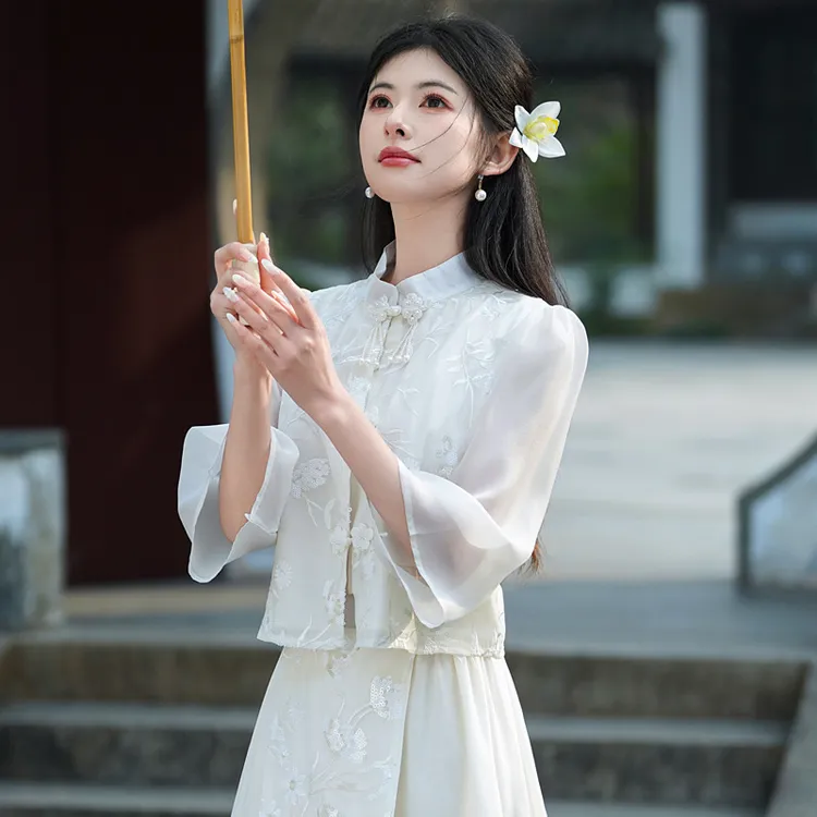 新中式国风女装白色套装上衣a字半身裙两件套仙气薄款25新款爆款