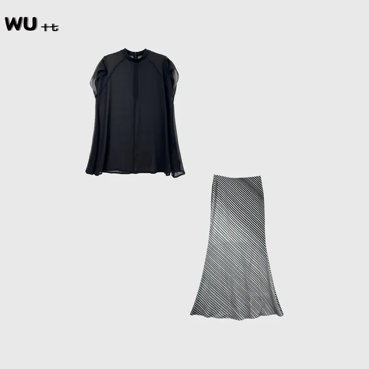 法式套装女夏季黑色圆领上衣高腰显瘦条纹半身裙2507062