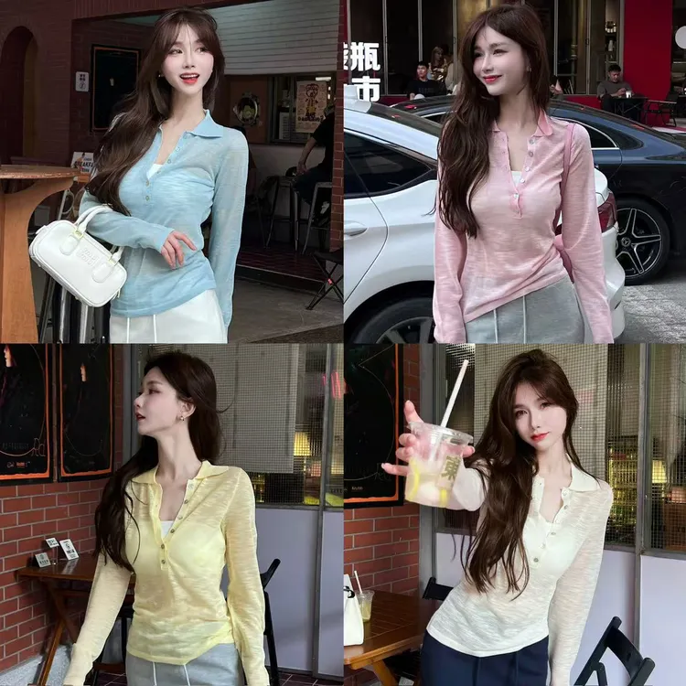 《芝芝莓莓》半排纽扣翻领纯欲微透薄纱防晒罩衫长袖T恤女POLO衫