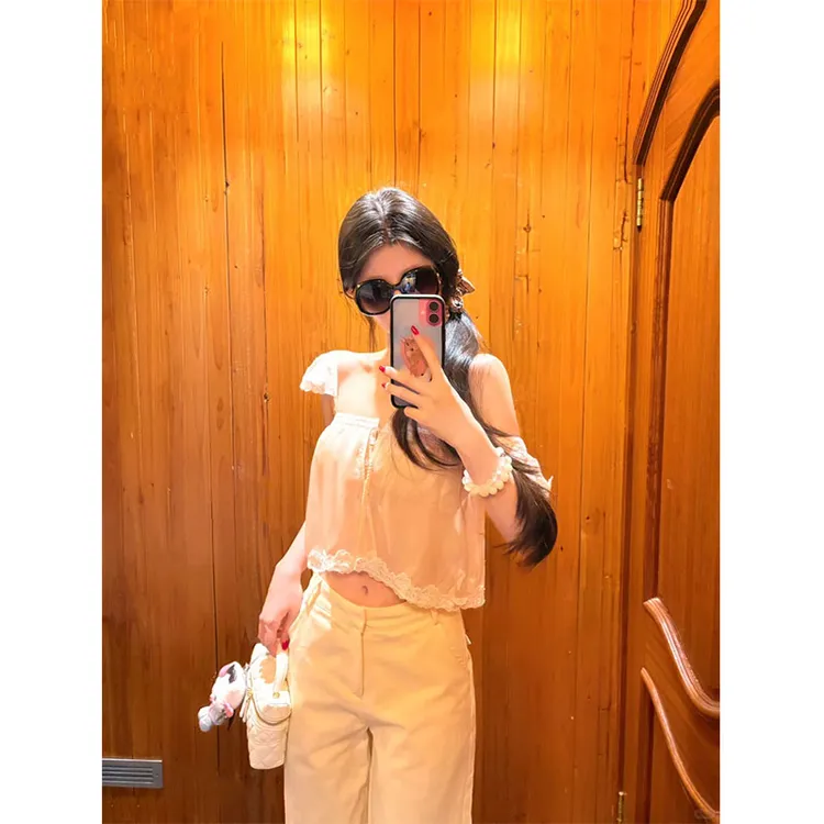 2025夏季i新款甜美法式纯欲蕾丝吊带背心女小飞袖上衣直筒长裤女