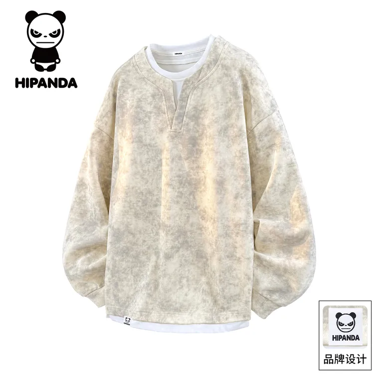 Hi Panda你好熊猫美式假两件卫衣男士秋季潮牌宽松圆领百搭上衣服
