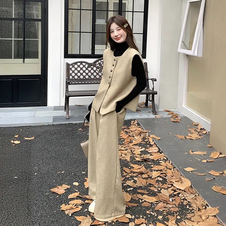 卡其色小香风马甲阔腿套装2025新款秋季女装酷飒拽姐穿搭裤两件套