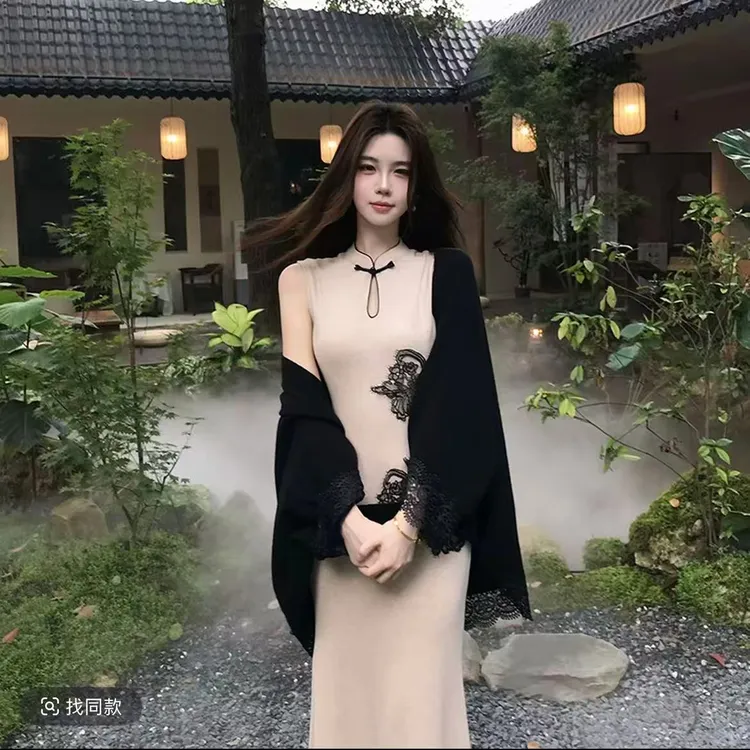 墨杏烟雨新中式旗袍盘扣刺绣显瘦显气质连衣裙