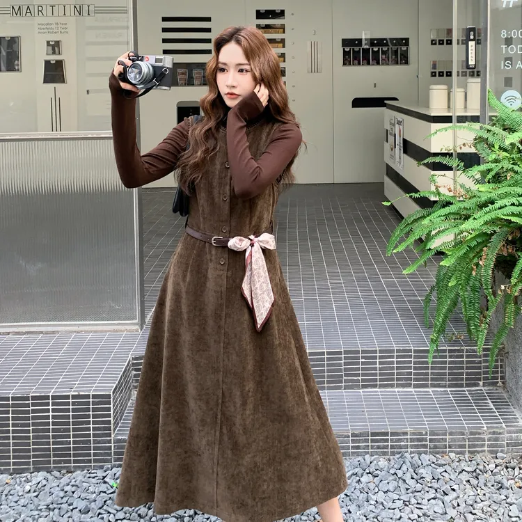 2025早秋时尚气质圆领无袖背心连衣裙套装女百搭复古长裙两件套女