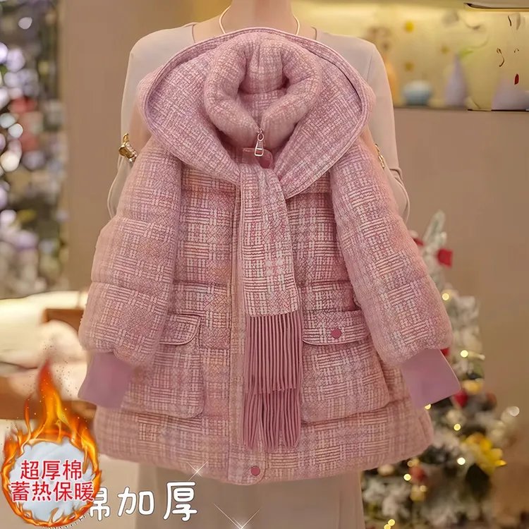 女童中长款毛呢棉服冬装2025新款加厚连帽格子羽绒棉衣保暖棉袄潮