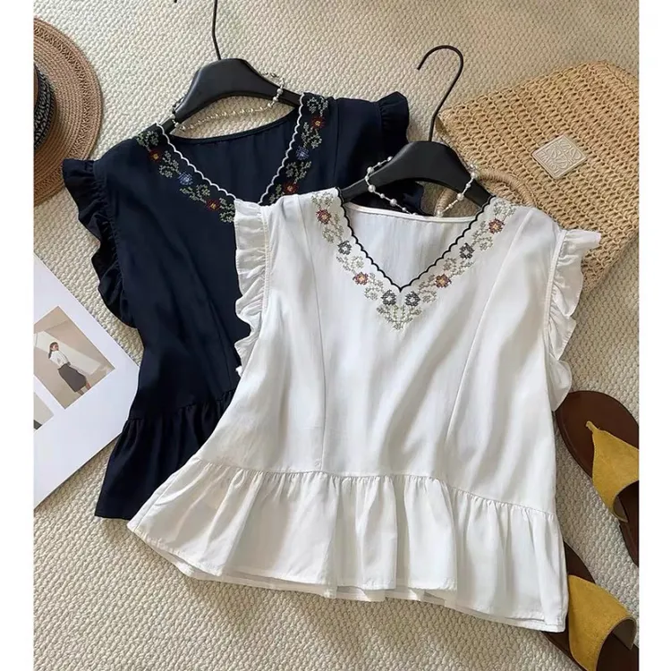 2025夏季新款韩系V领镂空刺绣花边无袖衬衫百搭洋气上衣T恤 902