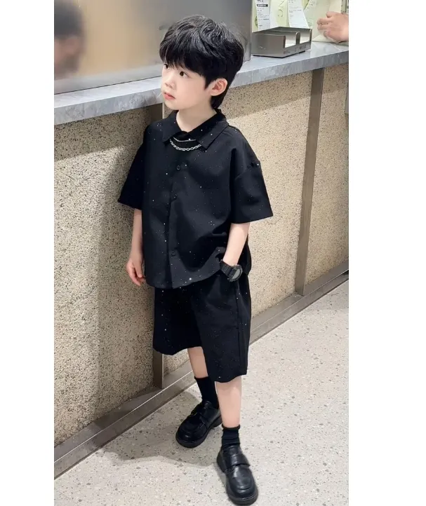 男童夏季套装2025新款洋气儿宝帅气舒适韩版衬衫撒银短袖两件套潮