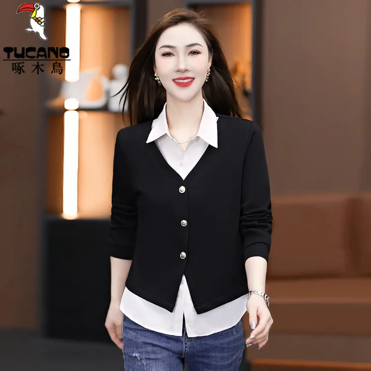 啄木鸟假两件衬衫女春秋季2025新款时尚洋气衬衣条纹长袖开衫上衣