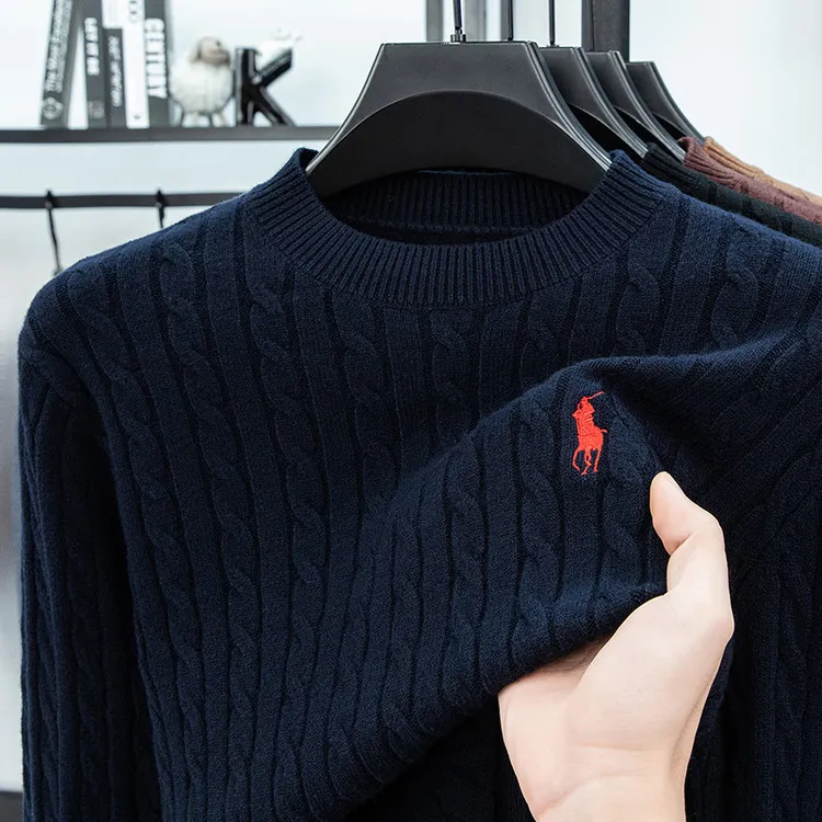秋冬新款提花刺绣针织衫冬季男士宽松保暖毛衣时尚绣花套头打底衫