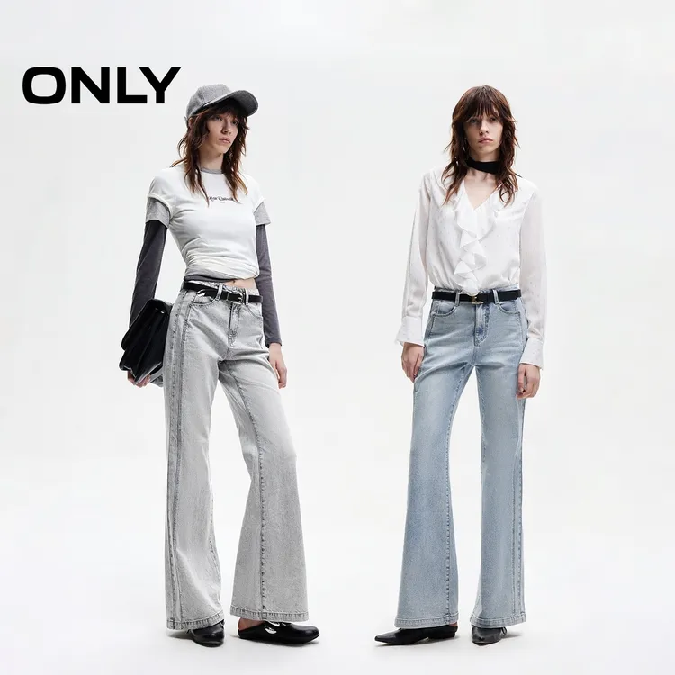 ONLY做旧水洗高腰长裤喇叭裤牛仔裤女秋季显瘦高腰裤子|125232032