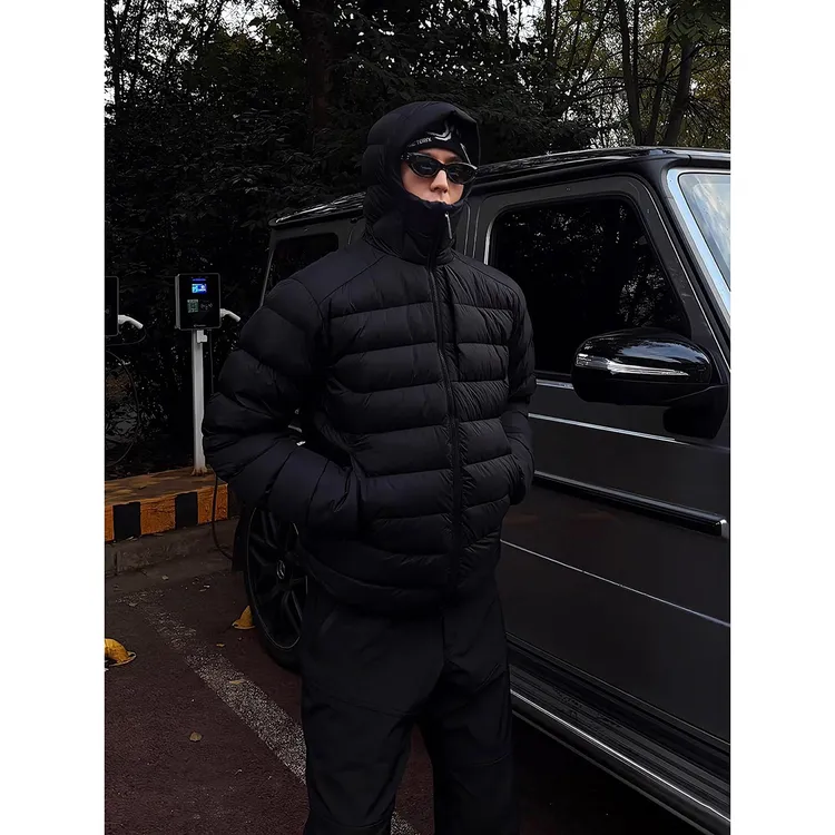 美式黑色排骨羽绒服男款冬季轻薄连帽保暖外套高级感户外运动棉服