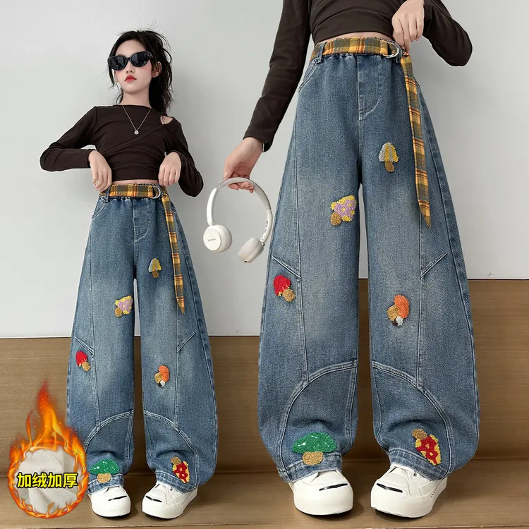 女童秋冬季加绒牛仔裤儿童新款洋气刺绣百搭女孩冬季高腰保暖裤子
