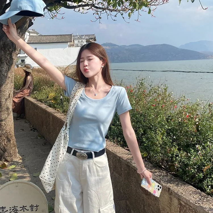夏季新款多巴胺小个子蓝色短袖t恤穿搭U领正肩短款百搭纯色上衣