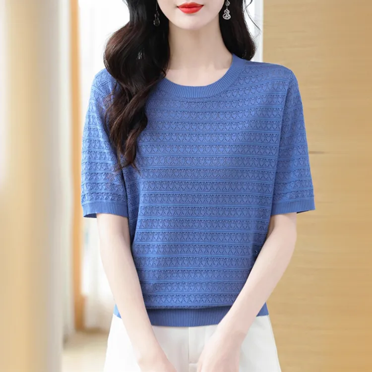 2025新款时尚短袖t恤女夏秋季妈妈洋气大码圆领宽松遮肚针织上衣