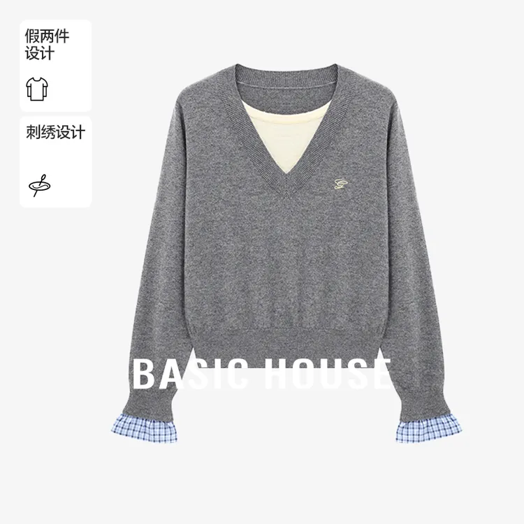 Basic House/百家好秋季休闲百搭撞色假两件羊毛衫-B0625B5ETH2