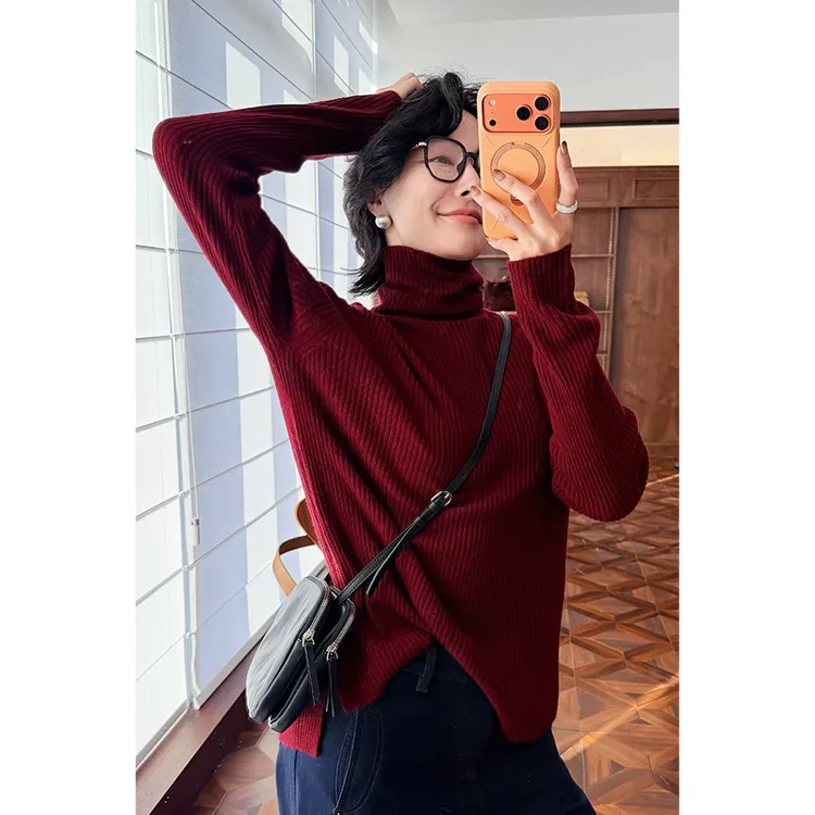 HERLAND她地100%羊毛高领内搭套头衫红色秋冬通勤休闲打底毛衣