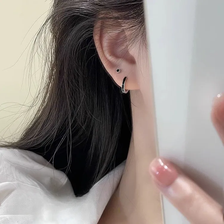 黄铜耳饰 黑色四件套简约小耳圈耳环2023年新款潮耳钉女耳扣睡觉