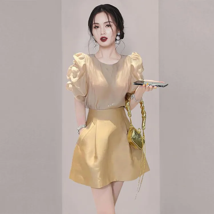 法式泡泡袖衬衫短裙套装年夏季新款女装小个子休闲复古两件套