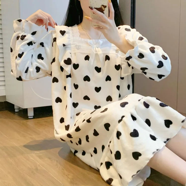 睡衣女秋冬季睡裙珊瑚绒加绒加厚法兰绒女士可爱家居服冬天连衣裙