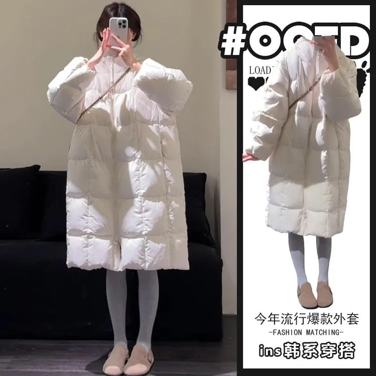 温柔风宽松中长款连帽保暖棉服2025冬季韩系加厚宽松过膝棉衣外套
