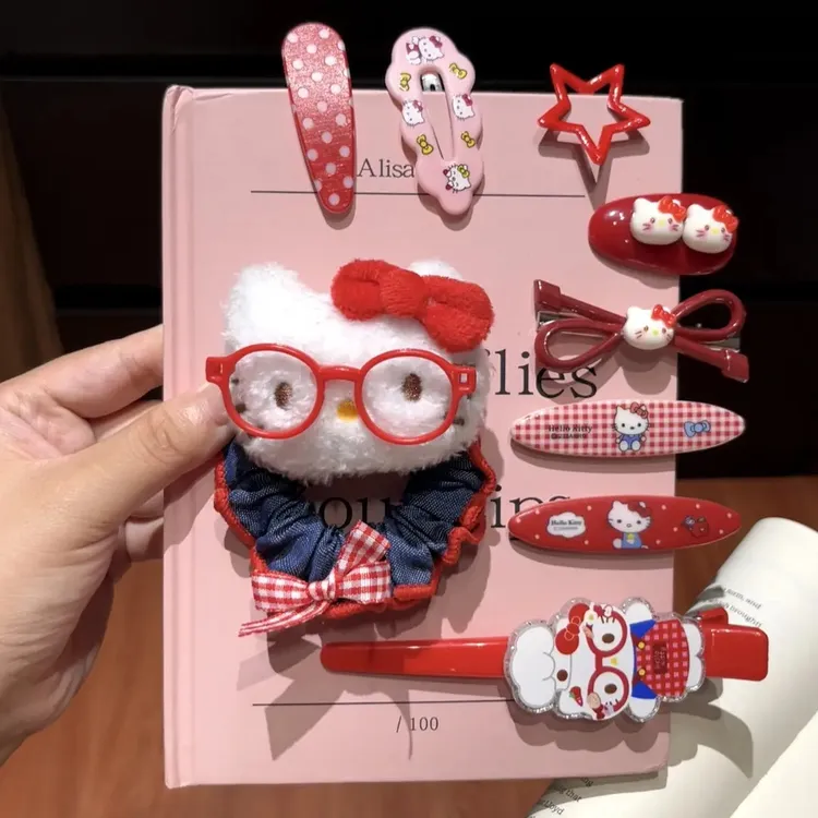 可爱古早眼镜Kitty猫牛仔发夹发圈简约扎马尾高弹力发绳发卡套装