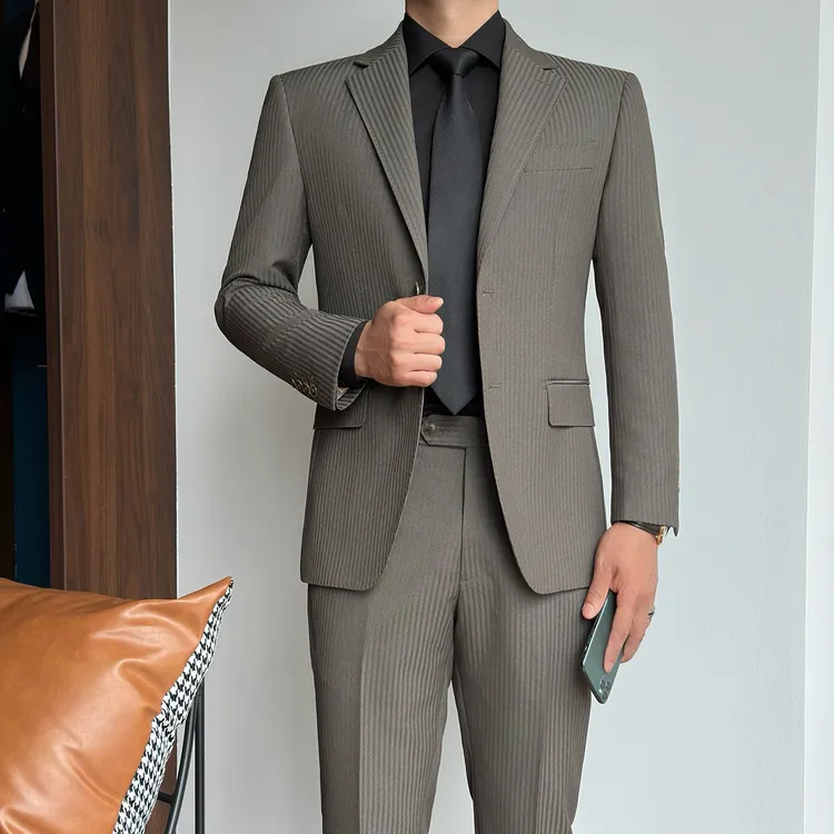 定制西服 西装男套装 修身商务正装日常休闲复古时尚暗条纹二粒扣