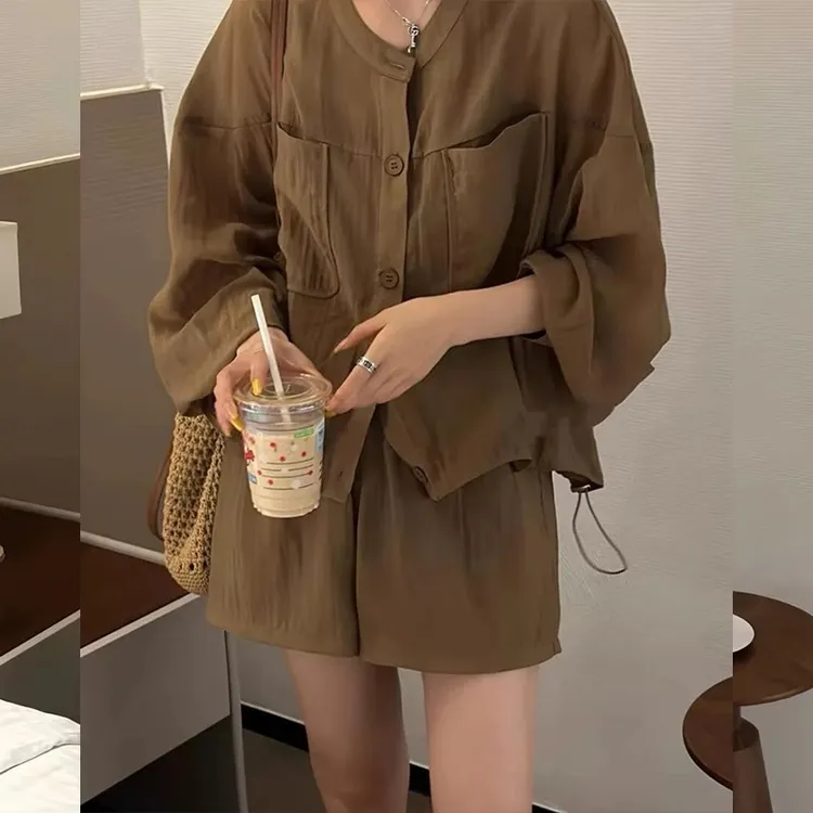 特大码300斤胖mm韩版宽松高级感薄款防晒衬衣外套+阔腿短裤两件套