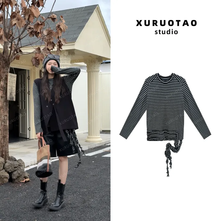 XURUOTAO 【不一样的条纹】棉感木耳边绑带设计感条纹上衣 T5581