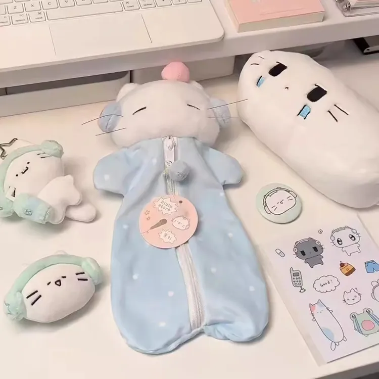 蓝色樱桃耳机猫奶乎乎毛绒笔袋可爱少女心大容量学生文具盒收纳袋