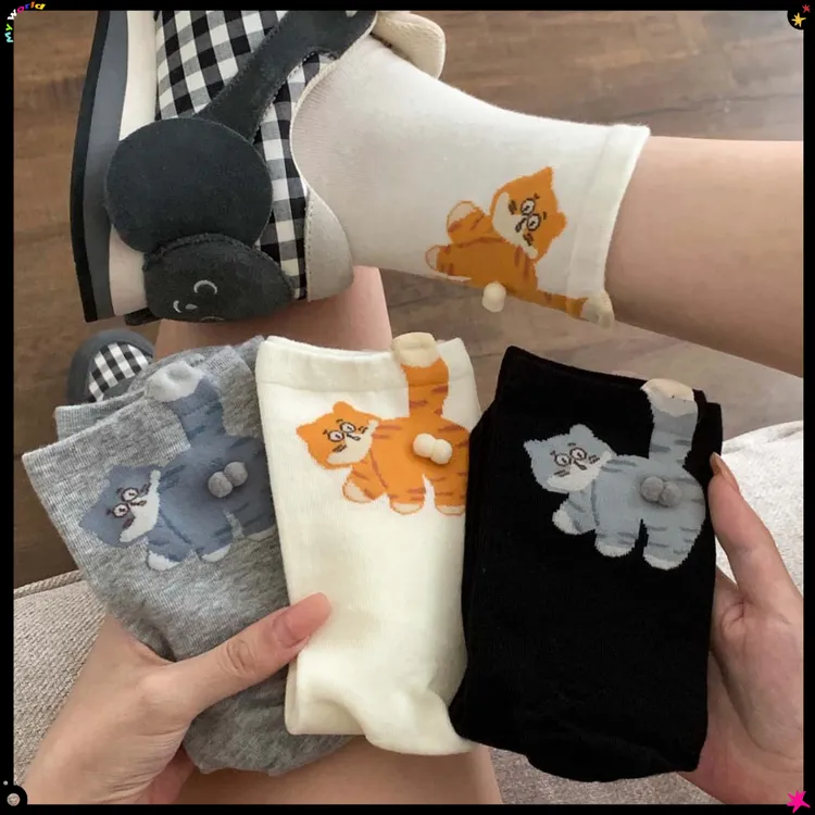 2025年夏季袜子女可爱卡通ASDZ中筒袜立体猫咪蛋蛋ins潮袜【悦成】