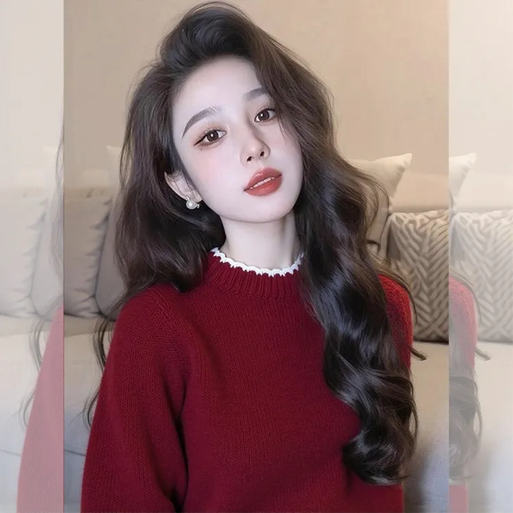 新年红色圆领套头毛衣女2025秋冬新款宽松慵懒风高级感长袖针织衫