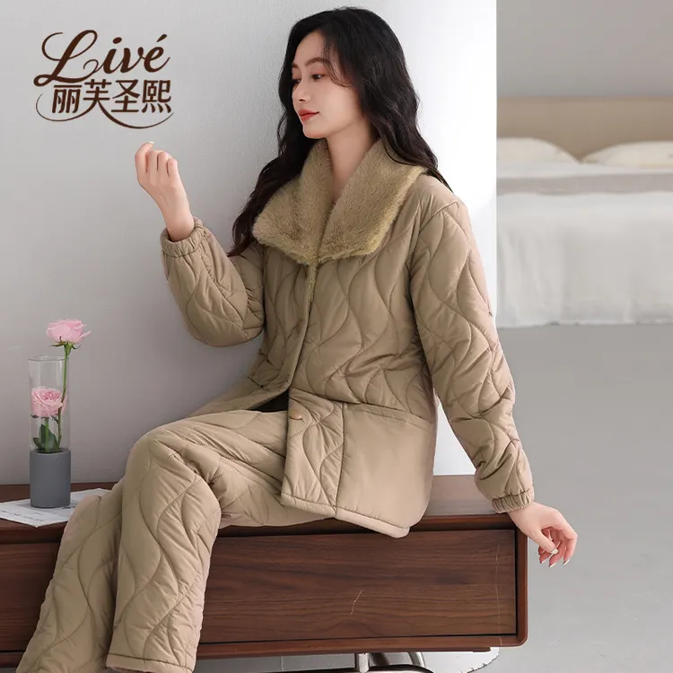 羽绒夹棉睡衣冬季女款三层加绒加厚珊瑚绒时尚大毛领防风家居服女