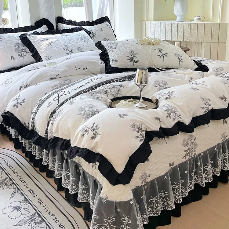 ins法式赫本床盖四件套水洗棉公主风花边夹棉法式夹棉床盖四件套