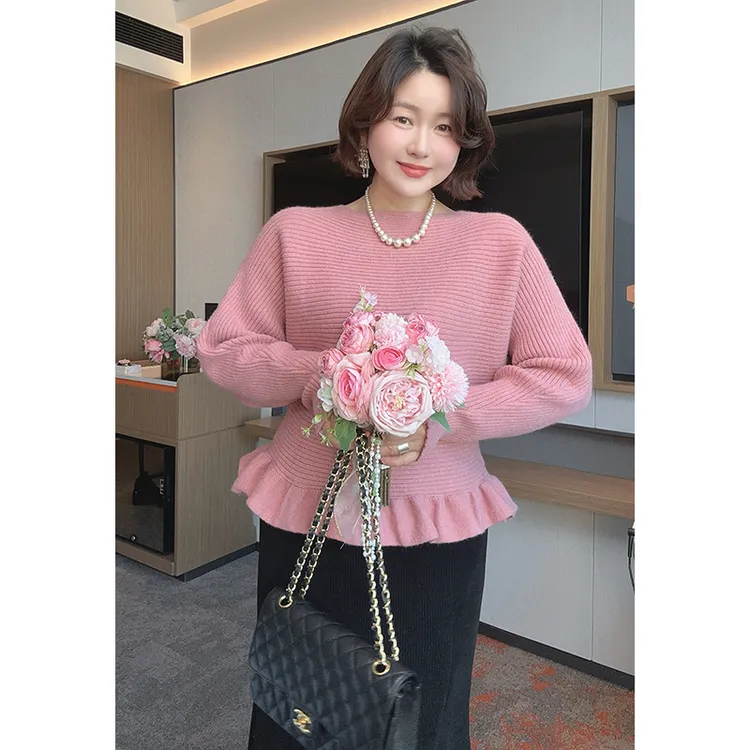 【DIS 定制】【粉雾少女】法式荷叶边落肩花边毛衣针织衫Z525X21579