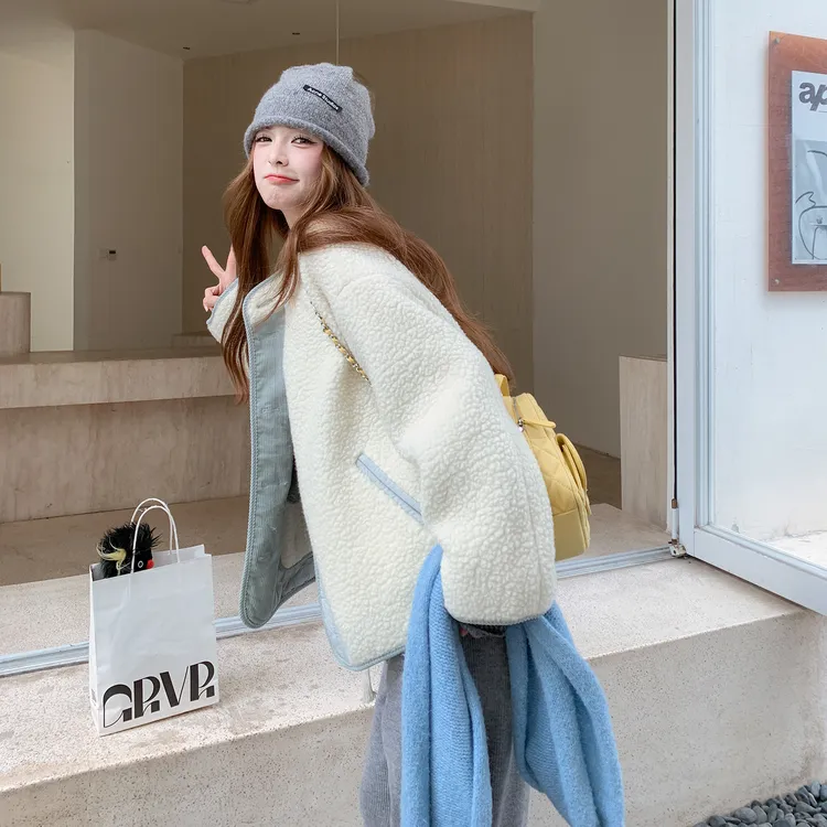 韩系浅蓝色活泼减龄两面穿短款棉服女2025新款冬季羊羔毛加厚外套