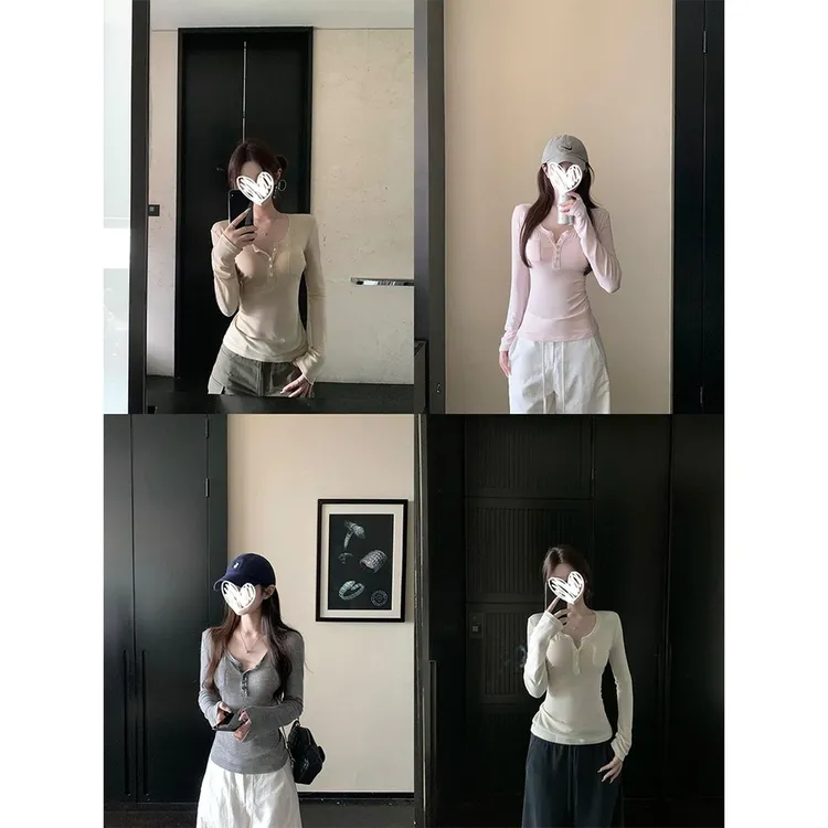 韩系百搭亨利领单排扣设计修身显瘦针织长袖女早秋新款休闲上衣