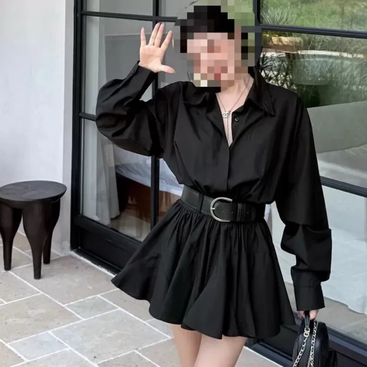 秋新款韩版时尚大码衬衣通勤显瘦衬衫连衣裙 配腰带2959