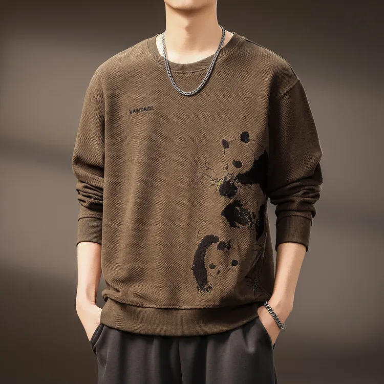 MR.MUDI/穆迪先生高端美式复古熊猫印花长袖卫衣男士秋季宽松圆领