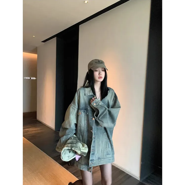 美式复古街头牛仔外套女春秋季新款宽松休闲夹克上衣设计感小众