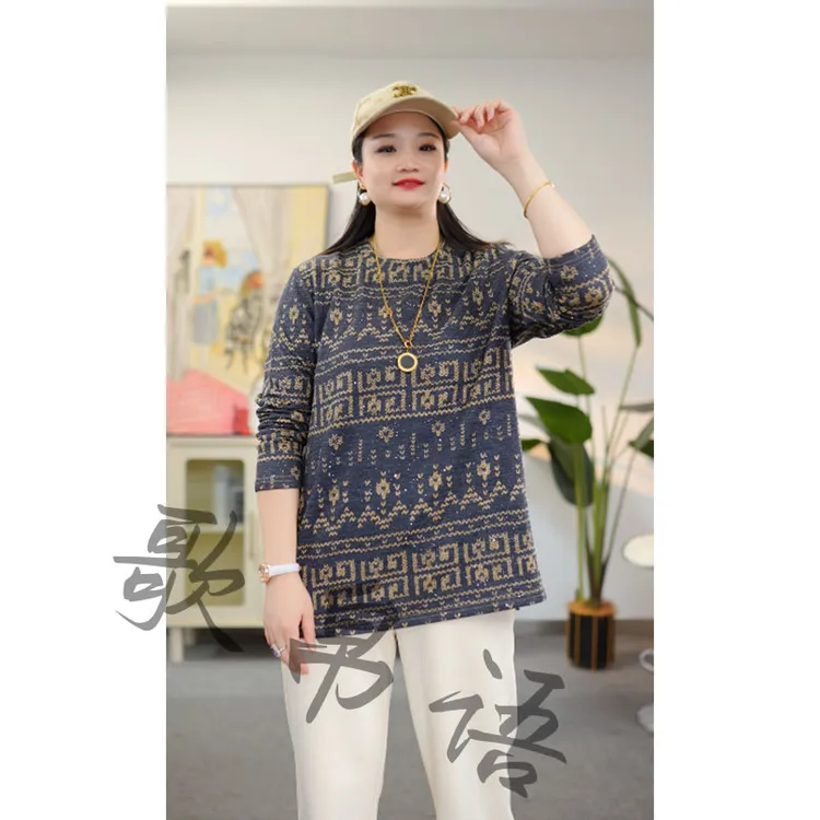 歌帛语大码女装圆领时尚复古风套头文艺宽松型法式长袖卫衣T恤