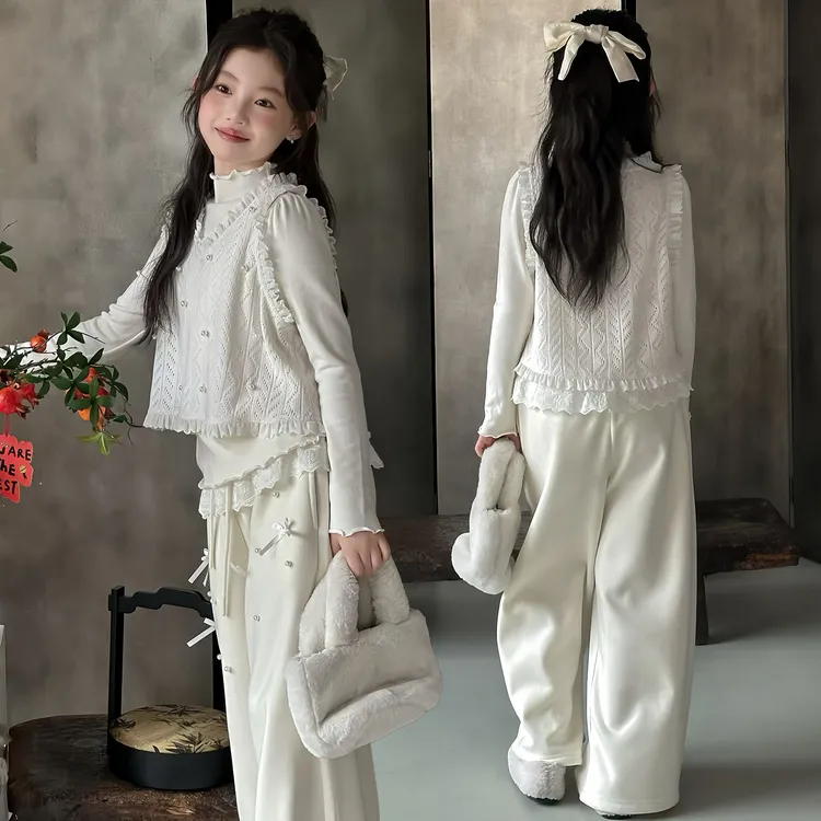 女童韩系套装2025秋冬女孩蕾丝拼接马甲半高领打底三件套加绒裤子