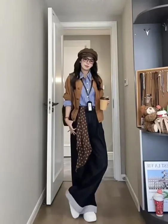 美拉德复古风高级感套装条纹衬衫纯色外套阔腿牛仔裤三件套574598